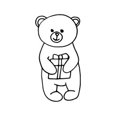 bear with a gift in his paws sketch icon, sticker, card, poster hand drawn vector doodle, scandinavian, minimalism, monochrome. single element for design. holiday, valentine day, christmas, birthday,
