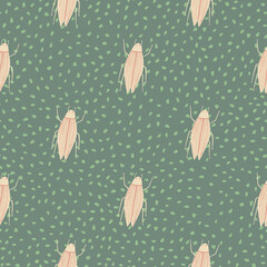 Light pink insects seamless pattern. Dotted pale green background. Simple exotic wildlife sketch. © smth.design