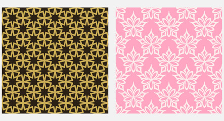 Stylish decorative background patterns. Colors: black, gold, pink. Background image in modern style. Seamless wallpaper, texture. Vector image