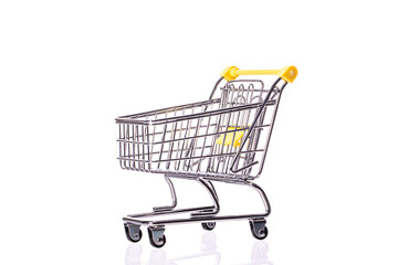 Small empty shopping cart trolley isolated on white background. Department store, supermarket,...