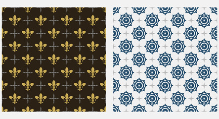 Decorative background, seamless pattern. Colors: black, gold, gray, blue. Suitable for wallpaper, book cover, poster, logo, invitation. Vector.