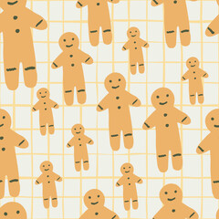 Seamless random pattern with doodle gingerbread man cookies. Orange colored bakery treats on light chequered background.