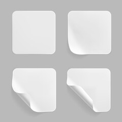 White square glued stickers with curled corners mock up set. Blank white adhesive square paper or plastic sticker label with wrinkled, crumpled effect. Blank template label tags. 3d realistic vector