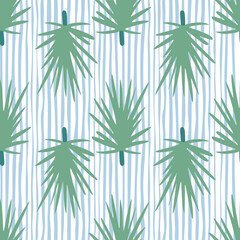Light green pine branch silhouettes seamless doodle pattern. Stylized forest print with blue and white striped background.