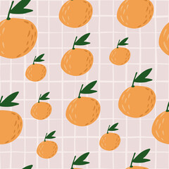 Random seamless fruit pattern with orange mandarins silhouettes. Light pink chequered background.