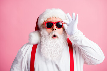 X-mas christmas incredible magic discounts. Astonished santa claus impressed touch white gloves...