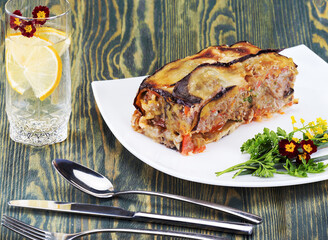 delicious eggplant pie with minced meat on the table