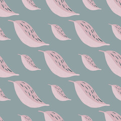 Fototapeta premium Pale seamless stylized pattern with leaves shapes. Abstract botanic figures in pink color on blue background.