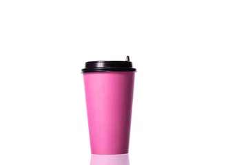 Foto op Aluminium pink take away disposable paper coffee cup with plastic lid isolated on white background. Minimalism style. © Model Republic