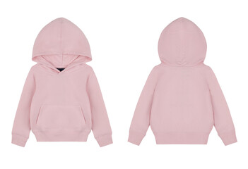 Pink kid's sweatshirt with a hood. Front and back view