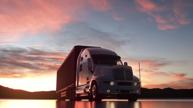 Truck on the road, highway. Transports, logistics concept. 3d rendering