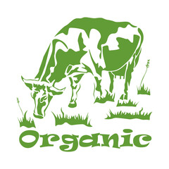 Silhouette of a cow, grass, the inscription Organic. Logo for a natural product, for the dairy and meat business, for a store, for a bazaar. Vector illustration.
