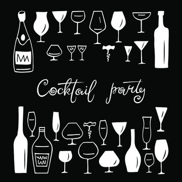 Black  background with stylized alcohol bottles , wine glasses and inscription Cocktail party. Vector illustration.