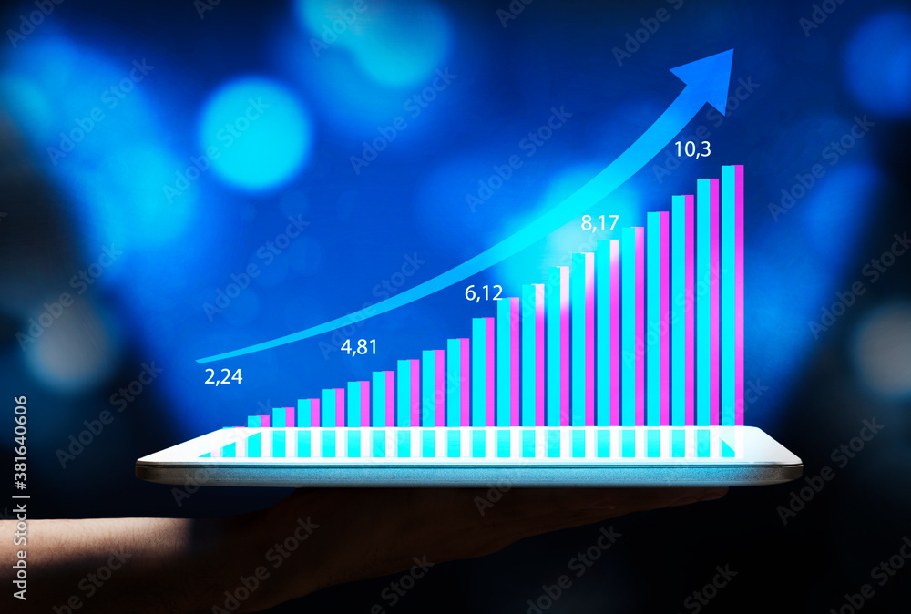 Aufkleber Digital Tablet With Financial Graph And Increasing Arrow, Blue Background
