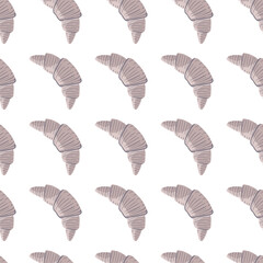 Isolated croissants seamless france pattern. Morning breakfast light purple tasty elements on white background.