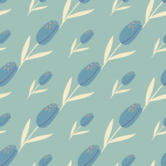 Minimalistic pastel seamless pattern with tulip flower elements. Blue pastel palette artwork.
