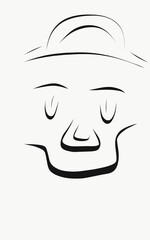 Cartoon face with black lines on a white background. Teddy bear in hat is smiling 