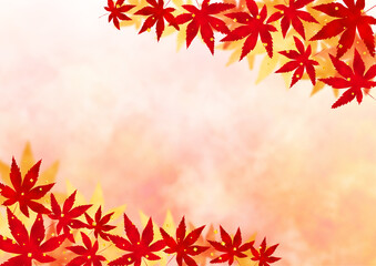 Fototapeta premium 秋のフレーム素材 紅葉と金箔 水彩風赤とオレンジ色のグラデーション背景