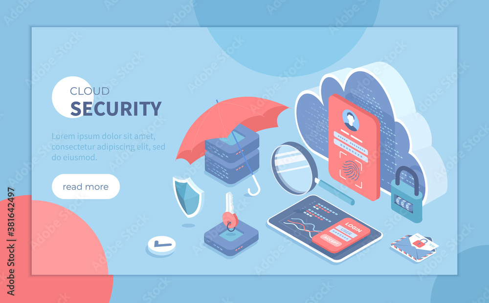Poster cloud security, data protecting. secure backup exchange and encryption. safe hosting service, author
