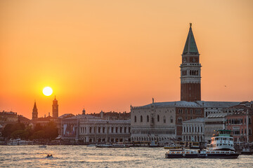 St Mark's Square and Campanile at Sunset from the Basin, Venice, Italy