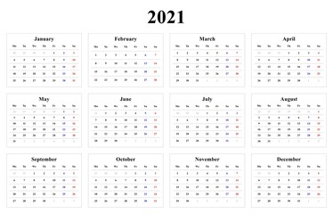 Calendar 2021 year, English version, simple design, raster
