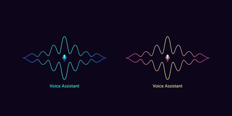 Outlined sound wave shape with microphone for voice recognition. Abstract audio wave silhouette, voice command control