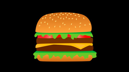 Vector hamburger icon. Cheeseburger with Lettuce Tomato Onion Cheese Beef isolated on black background. Fast food. Beef meat and fresh organic vegetables. Tasty cartoon burger