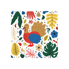 Cute turkey hand drawn flat vector illustration. Domestic farm animals with leaves and flowers isolated on white background. Creative childish design