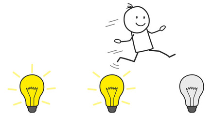 Strichmännchen hat Ideen und springt zur nächsten Glühbirne