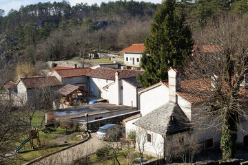 Old architecture of traditional mountain village Skocjan in Slovenia