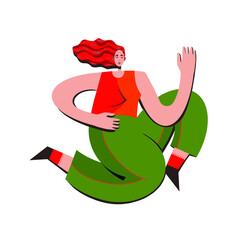 Vector illustration of happy woman jumping on isolated background. Flat vector illustration