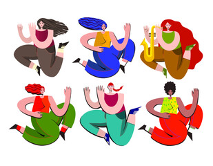 Set of young, stylish women jumping and dancing on white background. Successful self-sufficient women, theme of feminism, successful struggle for women’s rights. Flat vector illustration