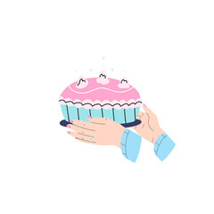 Beautiful woman hands with manicure and ring holding home baked cake or pie. Vector hand drawn illustration. Cartoon flat style.