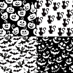 Collection of vector seamless backgrounds for Halloween. Pumpkins, bats and a black cat