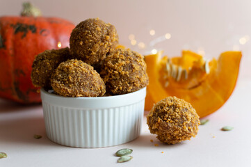 Healthy pumpkin muffins, vegan baked food. Thanksgiving dinner and autumn decoration.