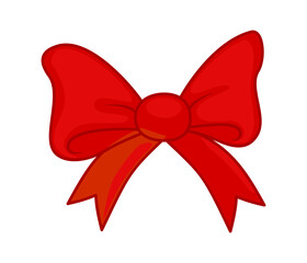 Red cartoon gift bow with ribbon. Vector illustration isolated on white background.