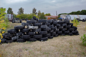 Space for playing paintball with the paint marks after fights. Abandoned paintball playground with...