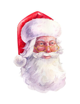 Watercolor Illustration: Portrait of Santa Claus isolated on white background