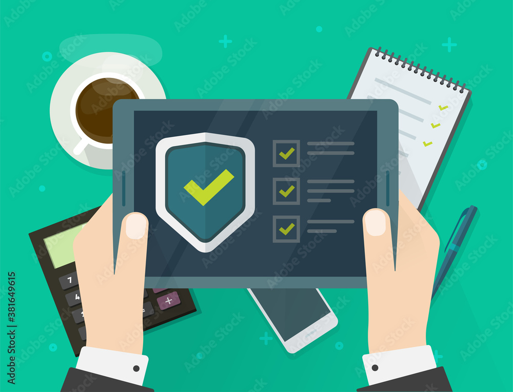 Poster security verification check list digital test on tablet computer software guard online vector, inter