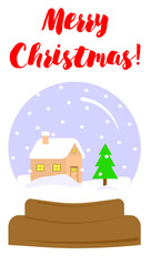 Snow globe with Christmas village in it. Vector image of a toy snow ball on a stand with a house and a spruce inside. Winter landscape with snowdrifts and snow on the roof of the house.