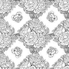 Line art rose flowers. Seamless background pattern.