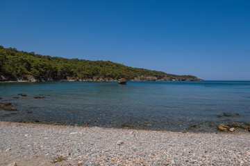 Bay of the Mediterranean sea near the ancient city of Faselis. Turkey. August 2020