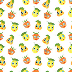 Cute cartoon fruits peach, apricot, pear, lemon with funny faces. Watercolor illustration for kids design, wrapping, wallpaper, textile, apparel, fabric.