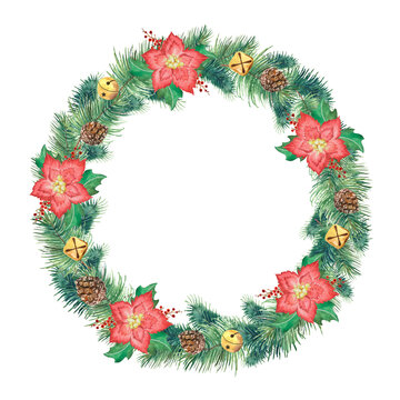 Watercolor drawing of new year christmas wreath, fir wreath with poinsettia and pine cones