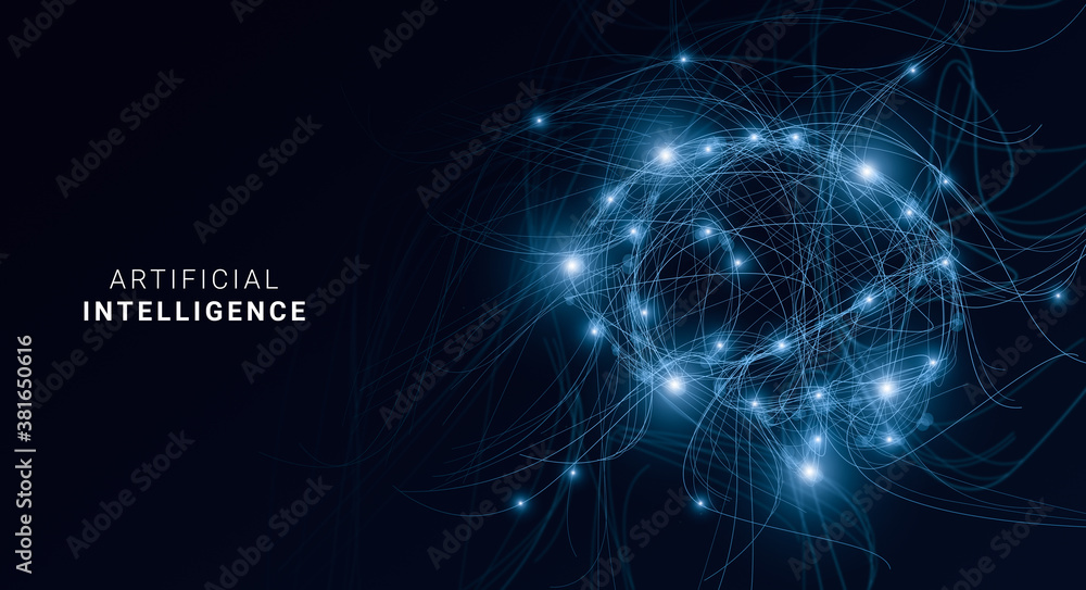 Poster AI. Digital brain shaped with blue neural connection lines and glowing dots