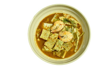 fried egg stuffed climbing wattle and shrimp in spicy sour soup on bowl