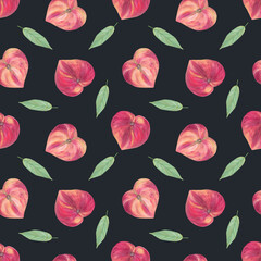 Seamless pattern flat Chinese peaches with leaves on a dark background, illustration in gouache. Design for  background, fabric, textile, cafe, restaurant, exotic, packaging, web.