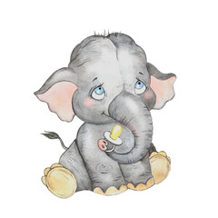 Watercolor illustration of a cute little elephant, african animal, safari, jungle, baby shower, congratulations, birthday