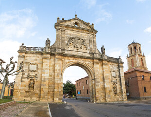 Fototapeta na wymiar Clock tower and arch in ruins of the Monastery of San Benito. Sahagun. Spain 