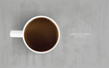 Top view of a cup of coffee on concrete texture background. Vector.